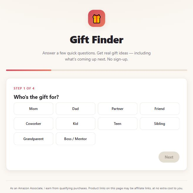 Gift Finder quiz screenshot — "Who's the gift for?" step